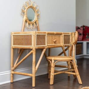 Rattan vanity <b>table</b> with round mirror and chair boho <b>decor</b> preschooler make-up <b>dressing</b> <b>tables</b> - Product Image 6