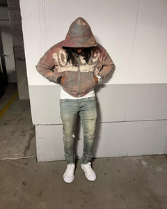 Sudadera con capucha y cremallera completa para hombre CARE MASTER, estilo streetwear, con estampado vintage, rasgaduras, logo bordado, mangas con cremallera, corte holgado y lavado. - Product Image 6