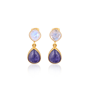 Brass Gold Plated <b>Drop</b> Tanzanite & <b>Rainbow</b> Moonstone Earrings Handmade Gemstone Jewelry for Women - Product Image 1