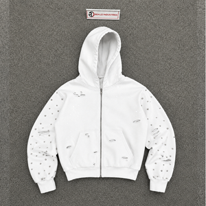 Sweat à capuche zippé blanc pour homme, design vieilli, en coton molletonné, collection exclusive, élégant, tendance, vêtements haut de gamme - Product Image 5