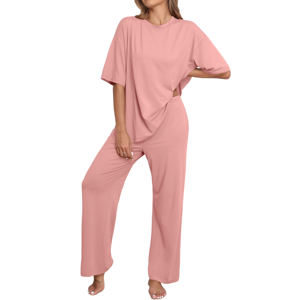 Conjuntos de Mujer, Cómodos, de 2 Piezas, Conjunto de Verano, Holgado, Informal, de Color Sólido, Camiseta de Cuello Redondo y Manga Corta, Tejido Elástico de Punto, con Logotipo - Product Image 4