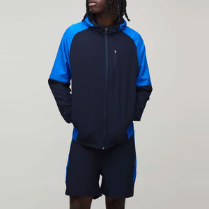 Conjunto de Pantalones Cortos y Chaqueta Cortavientos con Capucha para Hombre, Lavado Ácido, con Pedrería y Bloques de Color, Azul Marino, Manga Larga, Impermeable, Deportivo y Transpirable - Product Image 2