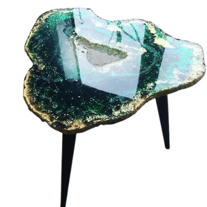 Modern Polished Ocean Style Epoxy <b>Wooden</b> Coffee & <b>Dining</b> <b>Table</b> with Iridescent Geode Top and Thin Metal Legs (<b>Round</b> Shape) - Product Image 2