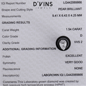 Diamant cultivé en laboratoire CVD HPHT D'vins Jewels, 1,03 carats, taille poire, couleur D, diamant non monté de Surat - Product Image 4