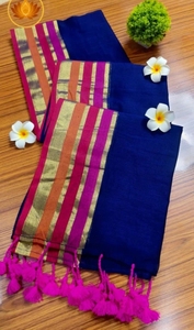 Sari en coton pur tissé à la main rayé KV pour femme (bleu) - Sans plis, séchage rapide, style traditionnel, saison automne - Product Image 6
