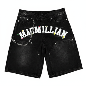 Custom Graphic Denim Shorts Men's Loose Fit Streetwear with Raw Hem and Metal <b>Chain</b> Accessory Heavyweight Cotton <b>Jean</b> Shorts - Product Image 2