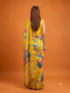 Sari synthétique jaune imprimé numériquement, motif abstrait multicolore, pour femme, tenue de mariage traditionnelle Inde Pakistan, longueur ras du sol - Product Image 4