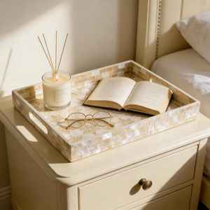 ถาดฝังมุกทรงสี่เหลี่ยม ถาดเปลือกหอยธรรมชาติพร้อมหูจับและฐานกันลื่น เหมาะสำหรับใส่ผลไม้ ขนมปัง อาหารเช้า โต๊ะกาแฟ - Product Image 3