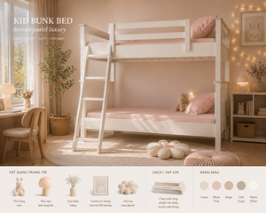 Lit superposé pour enfant en bois massif, taille double, design moderne avec barrière de sécurité et échelle, revêtement en lin blanc, fabriqué au Vietnam - Product Image 1