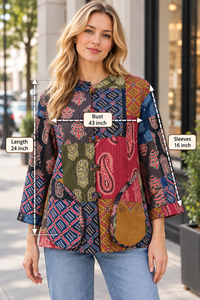 Handcrafted Patchwork Cotton Shirt, Colorful Printed Shirt, Bohemian Summer <b>Blouse</b> - Product Image 5