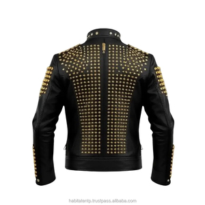 Blouson moto en cuir PU noir pour homme avec rivets dorés, col montant, fermeture éclair, coupe ajustée, manteau streetwear d'automne - Product Image 2