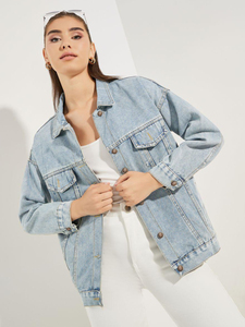 <b>Women</b> <b>Light</b> Blue Denim <b>Jacket</b> Oversized Trucker Jean Coat Ladies Fashion Loose Fit Outerwear Classic Button Up Denim Top - Product Image 2