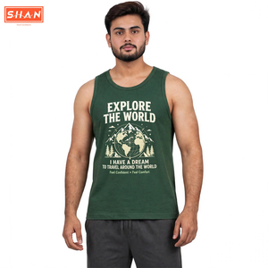 SHAN Herren-Tanktop mit O-Ausschnitt in Grün, atmungsaktive Baumwoll-Muskelweste, Explore The World, lässiges, ärmelloses Hemd mit Grafikdruck - Product Image 1