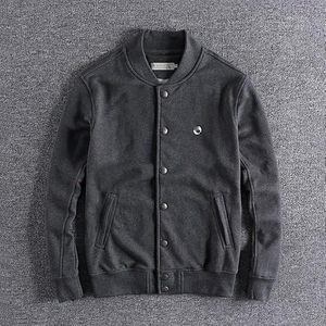 <b>Mens</b> Washed French Terry Varsity <b>Jacket</b> Embroidered Snap Button <b>Baseball</b> Sweatshirt Casual Coat - Product Image 2