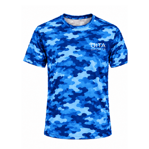 T-shirt personnalisé bleu royal camouflage pour homme, manches courtes, col rond, imprimé camouflage, fitness, entraînement, course à pied, gym, performance athlétique - Product Image 1