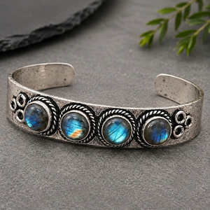 Jewelry Town JT-044 Natural Labradorite Oval Wide <b>Cuff</b> Bangle Gold/<b>Silver</b> Plated Brass Bezel Set Classic Western Style Unisex - Product Image 5