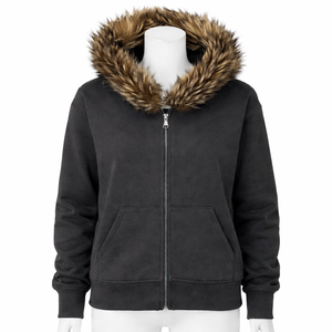 Sweat à capuche zippé pour homme en molleton de coton vieilli, avec capuche amovible en fausse fourrure, motif camouflage, coupe courte et carrée, pour fabricants de vêtements - Product Image 3