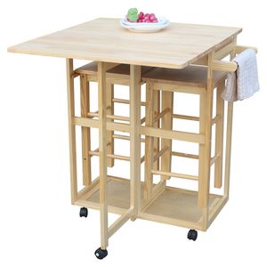 Carrello da Cucina Moderno Pieghevole in Legno Massello con 2 Sgabelli Gratuiti, Colore Naturale - Product Image 1
