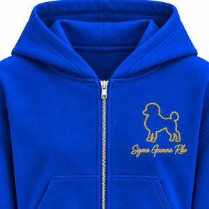 Sudadera con capucha azul real con cremallera completa, logotipo bordado con mascota dorada, sudadera de forro polar personalizada con puños acanalados y bolsillos frontales - Product Image 2
