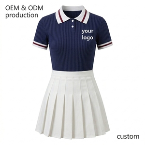 Women's One <b>Set</b> Pickleball Court Wear Ribbed Sports Polo Short Sleeve High-Waisted Crisp Knife Pleated Skirt Combo Breathable - Product Image 4