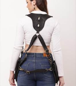 FAZMAX <b>Black</b> Oxford Tactical Harness Bag Unisex Shoulder Sling <b>Backpack</b> Genuine Leather Lining Zipper Detachable Strap - Product Image 3