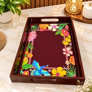 Plateau de service rectangulaire en MDF laqué, motif floral bohème avec oiseaux, épaisseur 1 cm, compatible lave-vaisselle, facile à nettoyer, multifonctionnel pour la table - Product Image 1