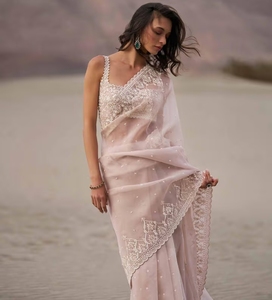 Sari Rosa de Organza Elegante con Bordado Floral KV Silk, con Blusa Sin Coser, Sin Arrugas, Reversible, para Bodas y Fiestas de Otoño - Product Image 6