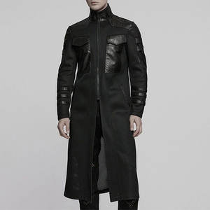 Men Black <b>Gothic</b> Punk Large Flap Pockets Fitted Long Coat Knitted Faux Leather <b>Jackets</b> 2026 - Product Image 1