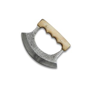 Custom Handmade Damascus Steel Ulu <b>Knives</b> <b>Bone</b> <b>Handle</b> With Leather Sheath Chopping and Cutting Chef Pizza Cutter <b>Knife</b> - Product Image 3