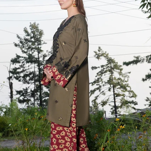 Ensemble de vêtements ethniques pakistanais à la mode, 2 pièces, en lin, à fleurs, couleur unie, robe décontractée pour femmes, ensemble élégant Kurta Dupatta - Product Image 5