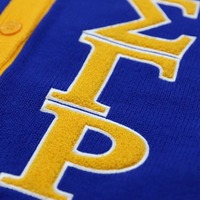 Suéter Cárdigan Casual de Mohair para Invierno SGRho, Azul Rey Dorado, Sigma Gamma Rho HBCU, Sororidad Griega, Chenille Griega, Tejido Frontal