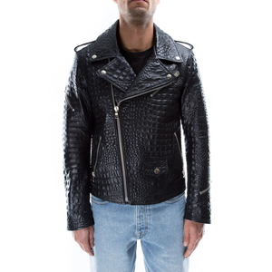 Blouson moto homme en cuir PU noir gaufré crocodile, coupe ajustée, col rabattable, fermeture éclair, manches classiques, style automne - Product Image 1