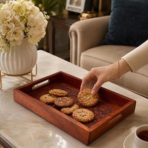 Handmade Traditional Shesham Wood <b>Moroccan</b> Serving Tray with Brass Inlay Carved Rectangular Design <b>Decorative</b> Handle for Dining - Product Image 5