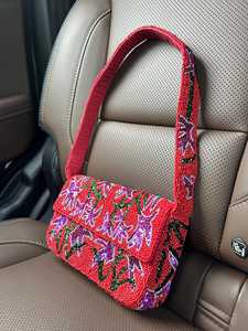 Beaded Linen <b>Clutch</b> Bag Women <b>Red</b> for Bohemian Style Single Strap Flap Closure Waterproof Handmade Party Wedding Handbag - Product Image 3
