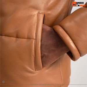 Veste matelassée à capuche en cuir PU marron pour homme, coupe-vent, épaisse, matelassée, décontractée, fermeture éclair, coupe régulière, veste en cuir - Product Image 6