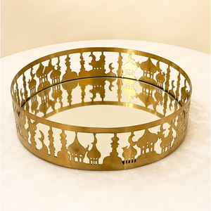 <b>Gold</b> Metal Ramadan <b>Serving</b> <b>Tray</b> with Mirrored Base Hollow Out Mosque Laser Cut Design Circular Eid Mubarak Dessert Pastry - Product Image 3