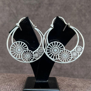 Handmade <b>Silver</b> Wheel Filigree Hoop <b>Earrings</b> Large Intricate Geometric Cutout Ethnic Tribal Boho Statement Jewelry Wholesale - Product Image 2