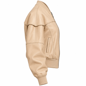 Blouson Bomber en Cuir de Mouton Crème Beige pour Femme avec Poignets Côtelés et Col Rabattu – Vêtement d'extérieur Décontracté OEM pour Dames – Vente en Gros - Product Image 3