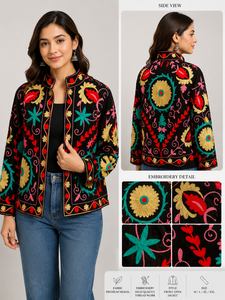 Artisan Black Hand Embroidery Jacket Women Boho Chic Winter Bomber Handmade Masterpiece Ethnic <b>Needlework</b> Coat Gift Coat Set - Product Image 4
