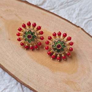 <b>Red</b> Pearl Gold Finish Round Hoop <b>Earrings</b> for Wedding Party - Product Image 2