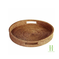 Nouveau design, plateau rond en rotin écologique, panier de rangement vintage en osier tressé avec poignées en bois pour fruits, pain et petit-déjeuner