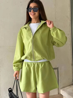 Ensemble de survêtement sportif deux pièces pour femme, manches longues, fermeture éclair, maille 140g, coupe ample, couleur unie, polyester tissé, printemps-été