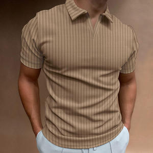 Polo à manches courtes rayé pour homme, coupe ajustée, col en V, tricoté, style décontracté, gris - Product Image 4