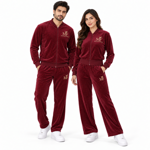 MANGOES FASHION Men Women's Maroon <b>Velour</b> Polyester/Cotton Breathable Summer <b>Plus</b> <b>Size</b> <b>Tracksuit</b> Set Full Sleeve Zipper Front - Product Image 3
