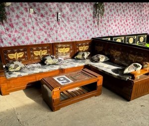 Traditional Teak Sofa Set with Carved Backrest and Matching <b>Coffee</b> <b>Table</b> for Living Room Apartment Villa Home Furniture - Product Image 1