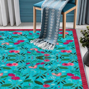 Tapis rectangulaire floral style bohème en polyester avec envers antidérapant en caoutchouc, à poils ras, pour décoration de chambre, motif vert, rose et turquoise - Product Image 3