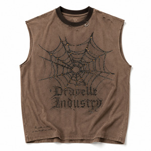 Custom <b>Y2K</b> Spiderweb Sleeveless Muscle Tee Oversized Boxy Fit Washed Cotton Streetwear Tank <b>Top</b> with Gothic Print Distressed Raw - Product Image 3