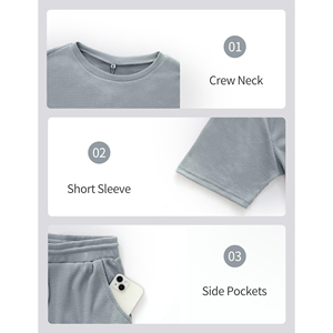 Ensemble T-shirt et short gaufré pour homme, vert uni, col rond, décontracté, respirant, en coton, deux pièces, vente en gros - Product Image 3