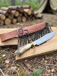 Cuchillo de Caza Hecho a Mano con Mango de Asta de Ciervo, Hoja de Acero al Carbono, Diseño de Punta Caída, Funda de Cuero, Herramienta de Supervivencia para Exteriores - Product Image 3