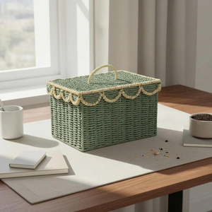<b>Rectangular</b> Natural Paper <b>Storage</b> <b>Basket</b> With Handle For Bathroom Organization Nordic Style Nice Scallop Trims - Product Image 5
